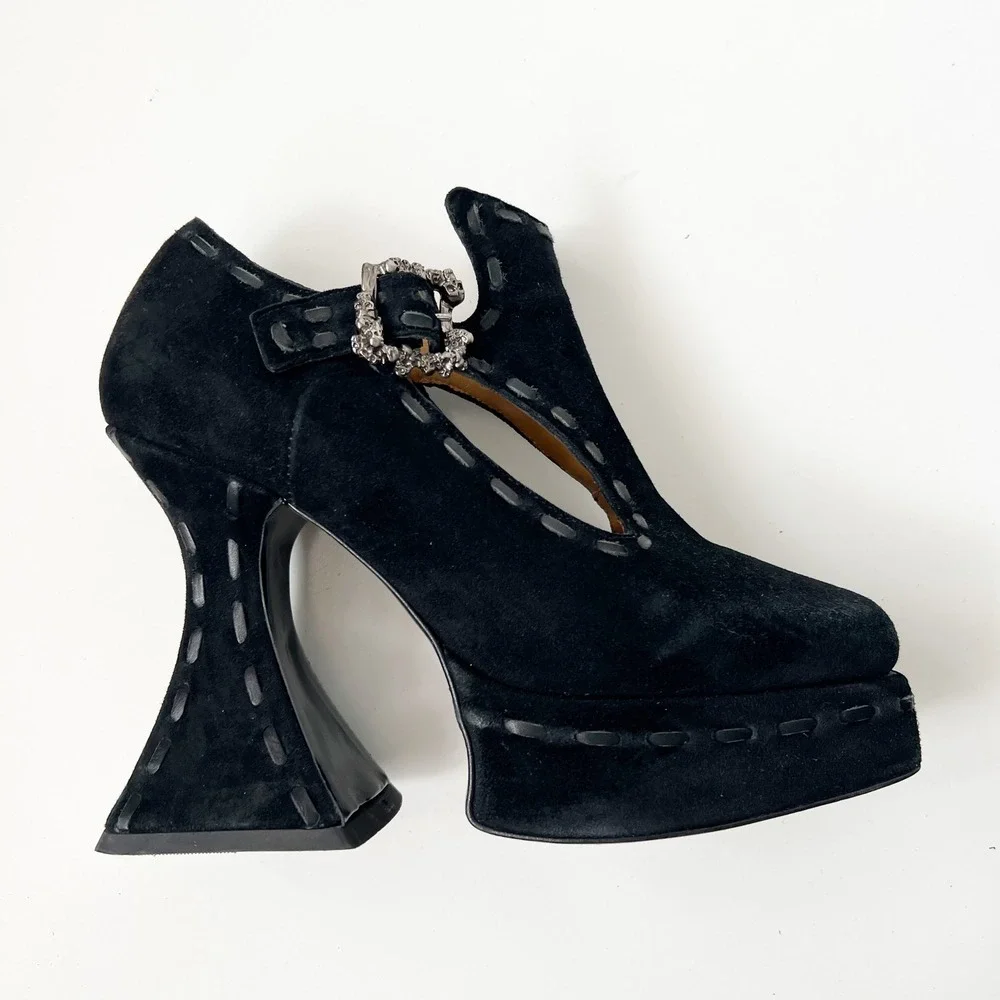 John Fluevog Mega Munster Clique Platform T-strap Heels Gothic Pumps Black Suede